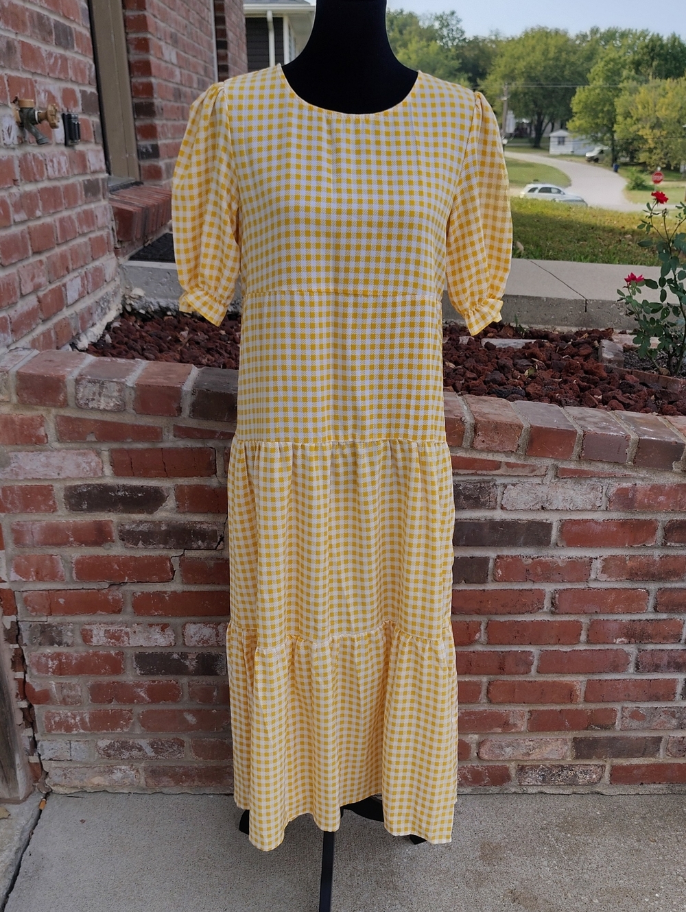 C+D+M Gingham Plaid Puff Sleeves Lightweight Maxi Dress Size S Cottage Peasant